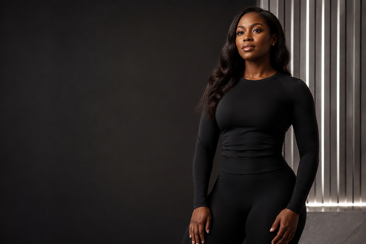 Confident woman in a black wellness studio